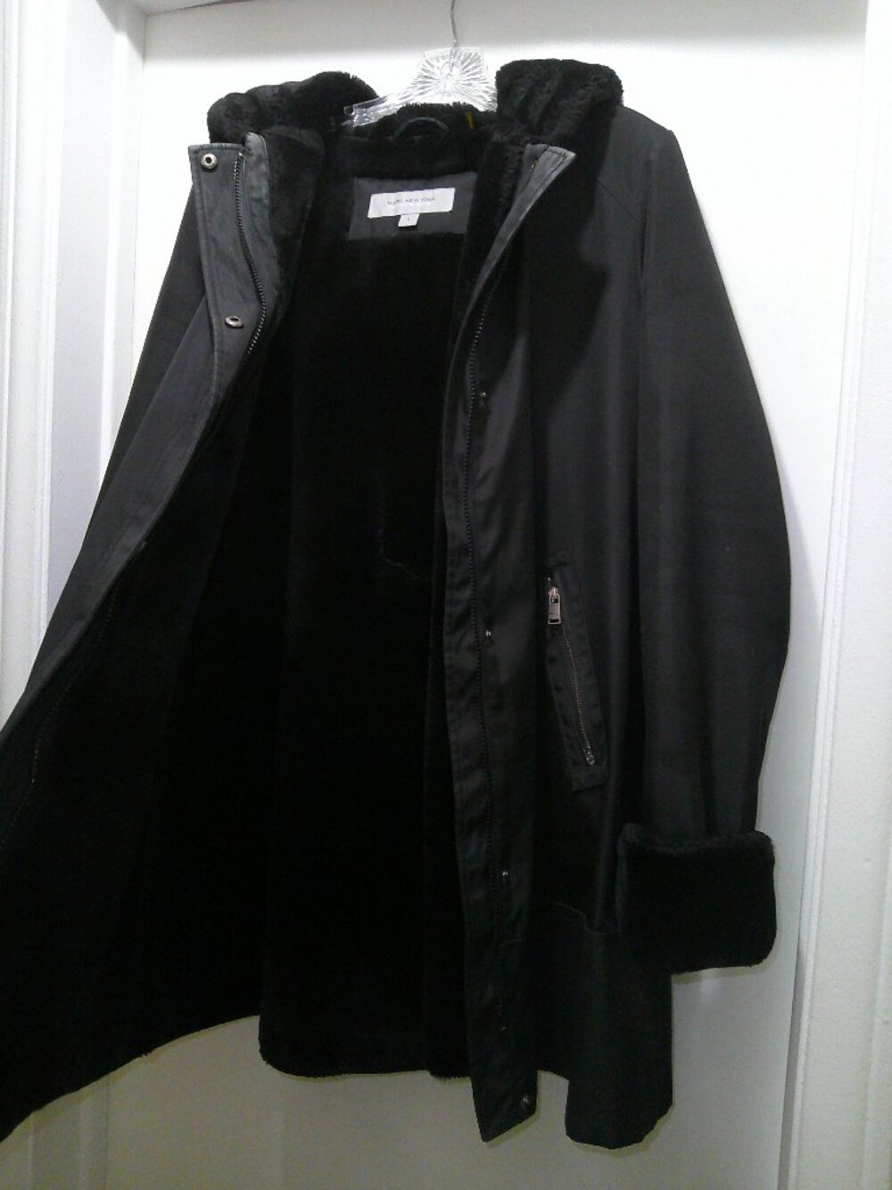 Marc New York Andrew Marc Black Jacket Faux Fur Trim Knee Length ~ Size L